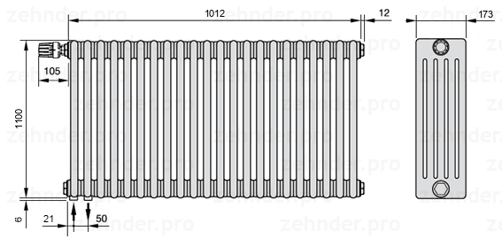 Схема (чертеж) Радиатор Zehnder Charleston 5110/22 №V001 Белый глянцевый RAL 9016